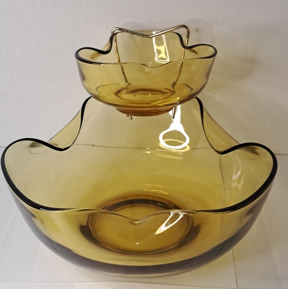 Vintage Chip-n-Dip Anchor Hocking Chip and Dip Bowl Set amber glass. - Picture 3 of 7